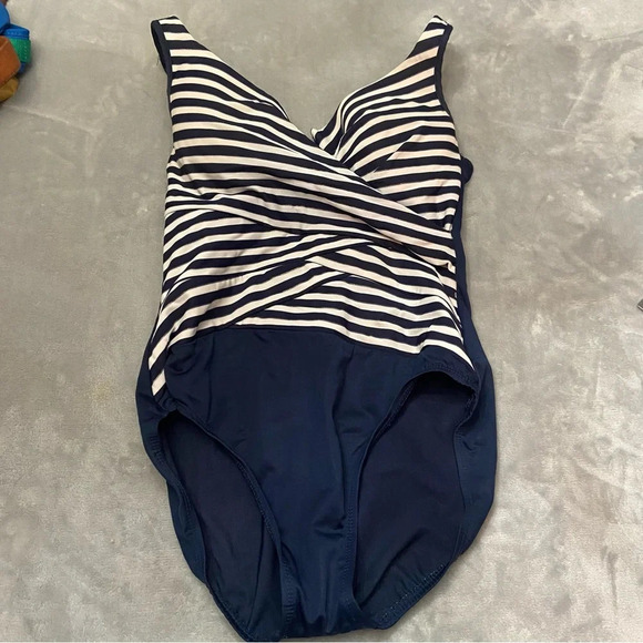 Navy and White Striped Women's Swimsuit - Picture 2 of 12
